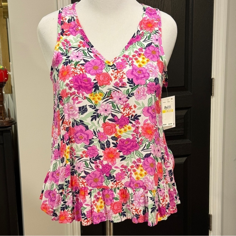 Kensie bright floral mesh lace back tank top shirt ruffle size M NWT
